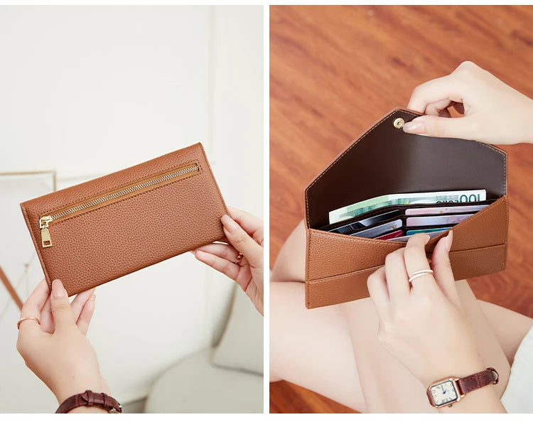 RFID Anti-Theft Purse for Women, Lychee Print, Soft Leather, Envelope Long Wallet, Ultra-thin, Portable, Simple Hand Bag