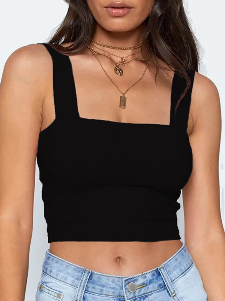 Square Neck Sleeveless Summer Crop Top White Women Black Casual Basic T Shirt Off Shoulder Cami Sexy Backless Tank Top - Smarsty