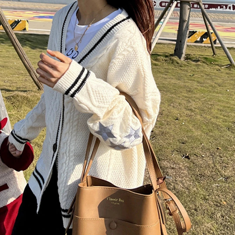 Women Winter Loose Knitted Cardigans Coat Star Embroidery Y2K Sweaters Streetwear Vintage Casual Single Breasted Long Sleeve Top - Smarsty