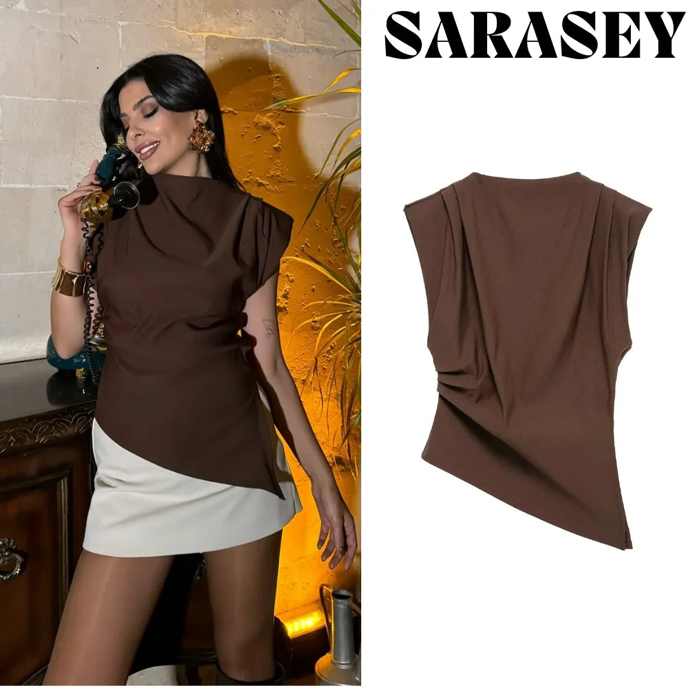 2025 Summer Asymmetric Tank Women Wine Red/Brown/Black Ruched Sleeve Office&Party Tops Breathable Stretchy Slim Fit Streetwear - Smarsty