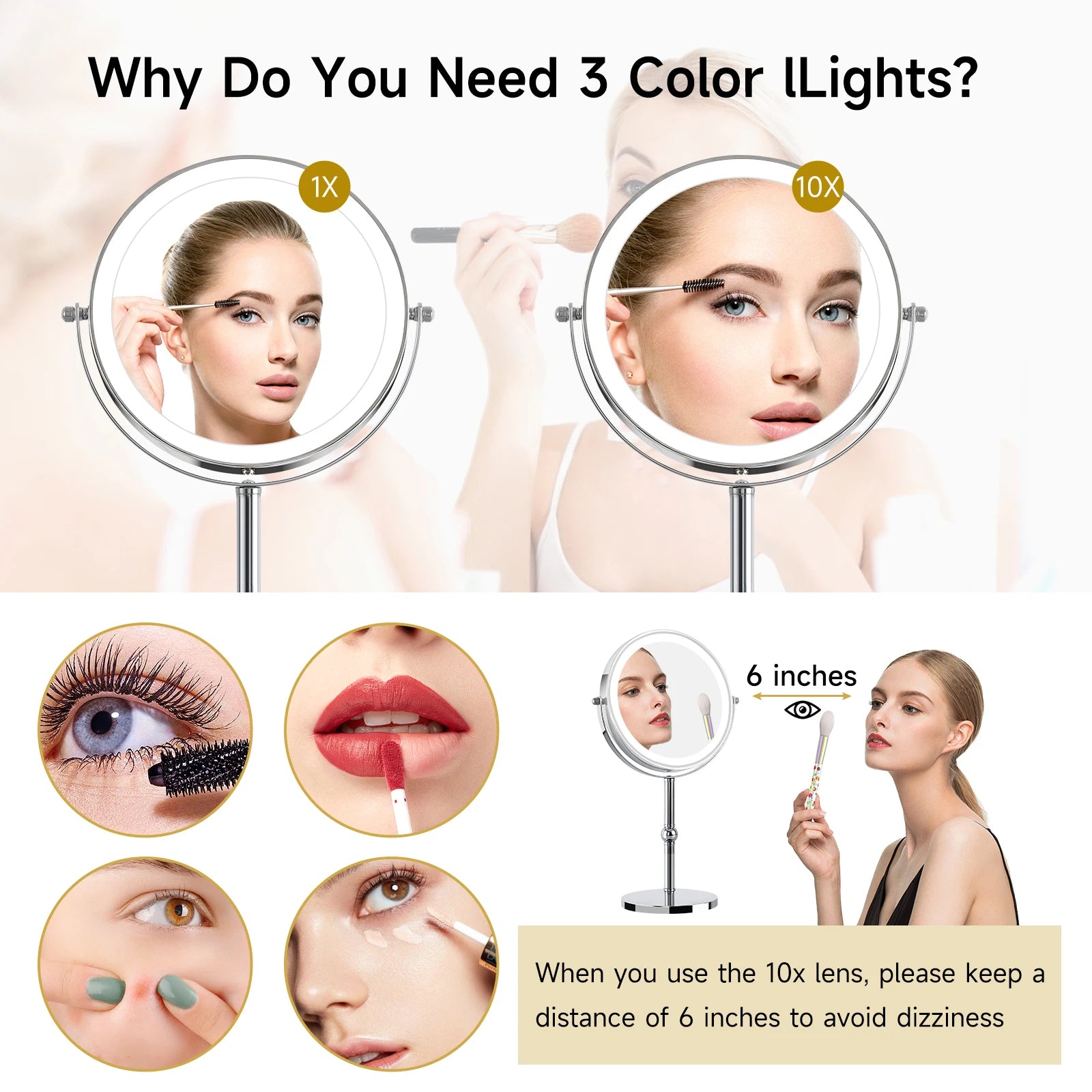 Lighted Makeup Mirror with Brighter Lights,1x/10xTrue HD Magnifying Tabletop Vanity Mirror with Touch Control, 360°Rechargeable