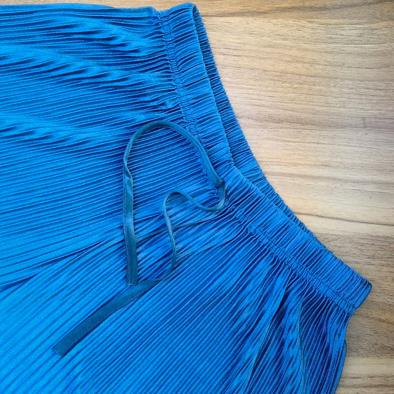Women Fashion Summer Wide Leg Pants Pleated Ice Silk Trousers Elastic Waist Loose Casual Pants - Smarsty