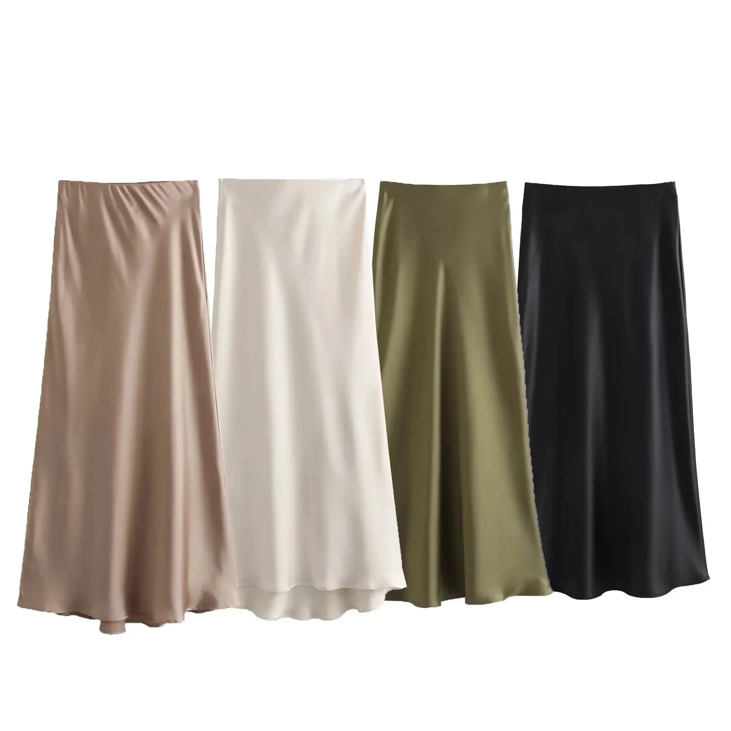 TRAFZA 2024 Y2K Casual Women Long Skirt Spring Elastic High Waisted A-Line Casual Female Satin Skirts High Street Lady Skirts - Smarsty