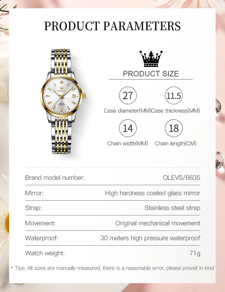 OLEVS Ladies Automatic Wristwatch Waterproof Stainless Steel - Smarsty