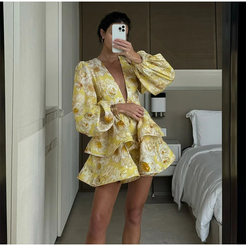 Backless Party Dress Women Elegant 3D Flower Print Sling Lace Up Ruffle A-line Mini Evening Dresses Female 2025 Summer Swimwears - Smarsty