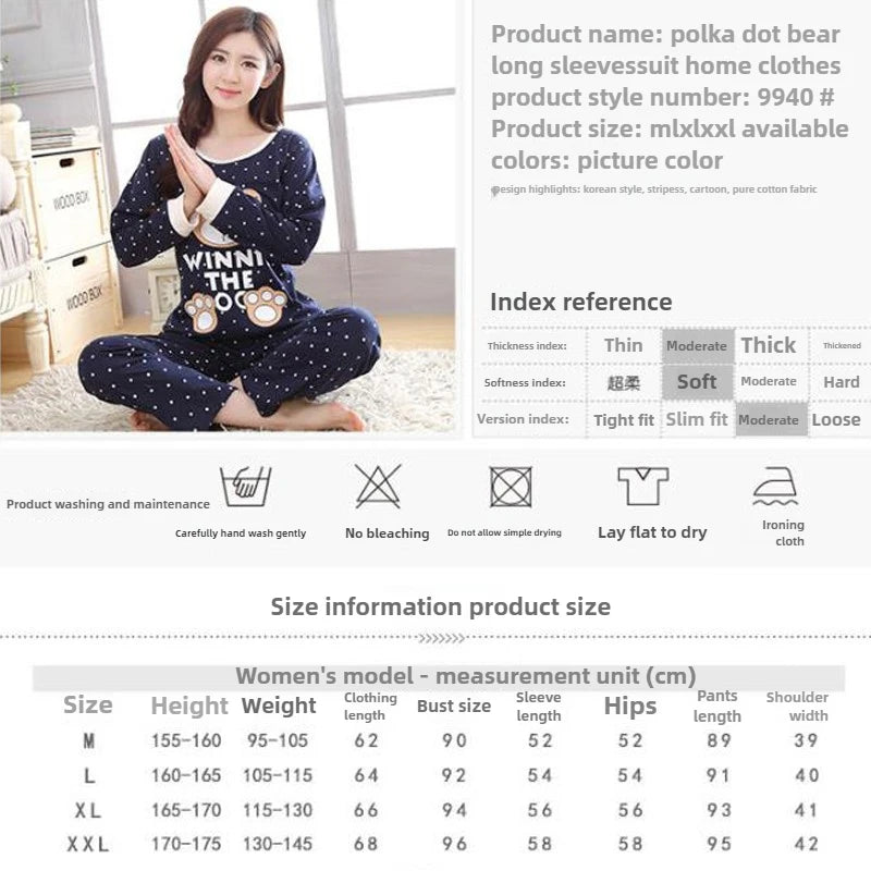Autumn Thin 2pieces Pyjamas Set Women 2025 Round Neck Girls Bear Pajamas Sets Teacup Cat Full Sleepwear Tops lovers Pajama Mujer - Smarsty