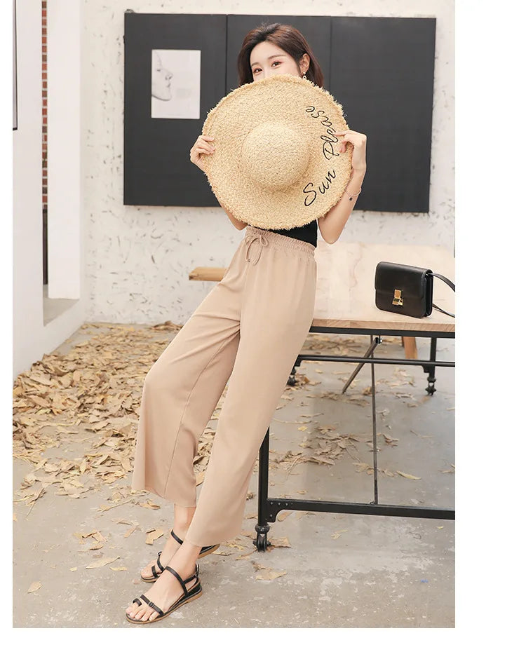 Women Ankle-Length Wide Leg Pants Casual Summer Solid Elastic Waist Loose Ice Silk Pants Spring Summer Female Trousers - Smarsty
