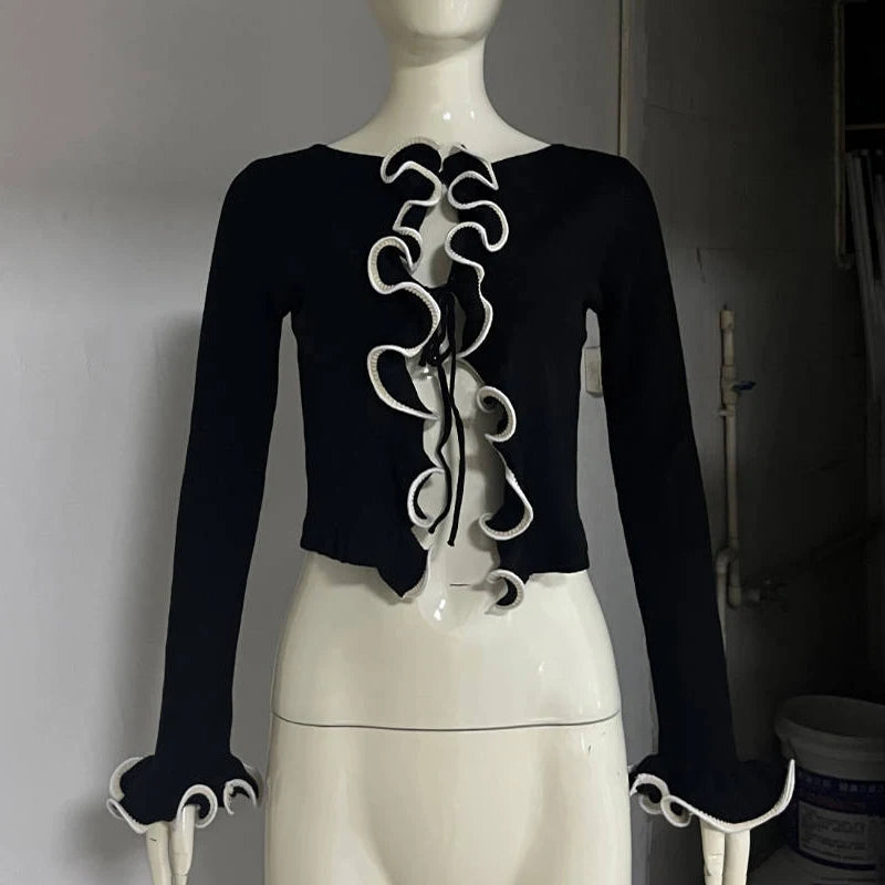 TARUXY 2025 New Fungus Long Sleeve Knitted Cardigan Female Contrast Color Splice Short Top Lace Up Bodycon Sweater Cardigan Lady - Smarsty