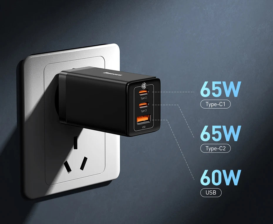 65W GaN USB C Charger Dual Ports Fast Charge Travel - Smarsty