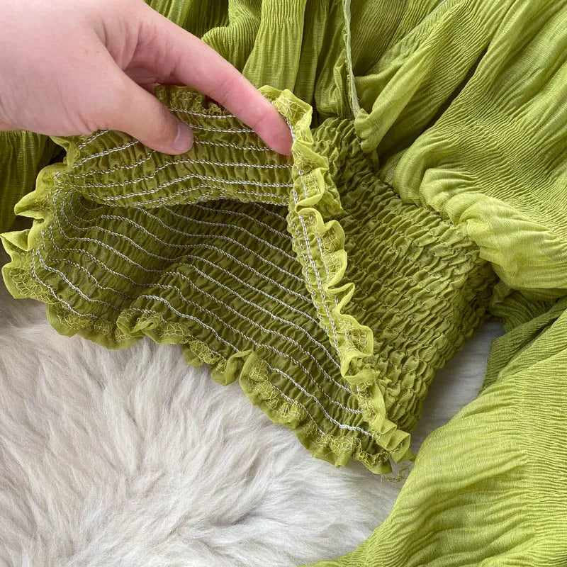 Women Sexy Chiffon Short Blouse Female See Through Super Long Sleeve Blusas Purple/Green/Black/White Folds Party Tops 2022 New - Smarsty