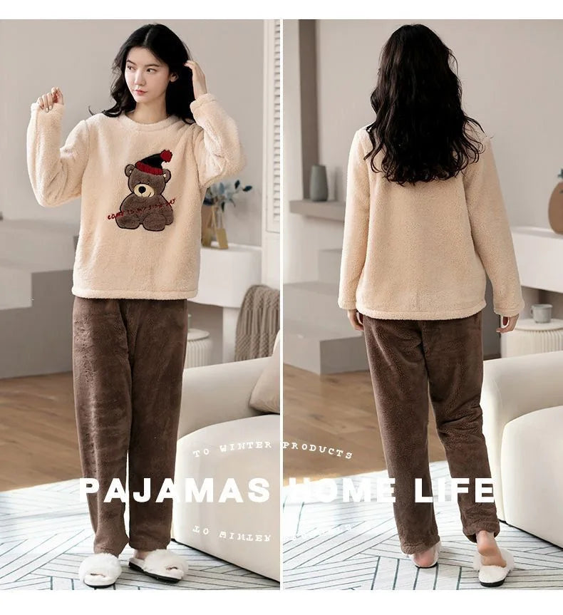 2pcs/Set Large Size Padded Thickened Warm Fall And Winter Women's Pajamas Long-Sleeved Long Pants Set Coral Velvet Cartoon Bear - Smarsty