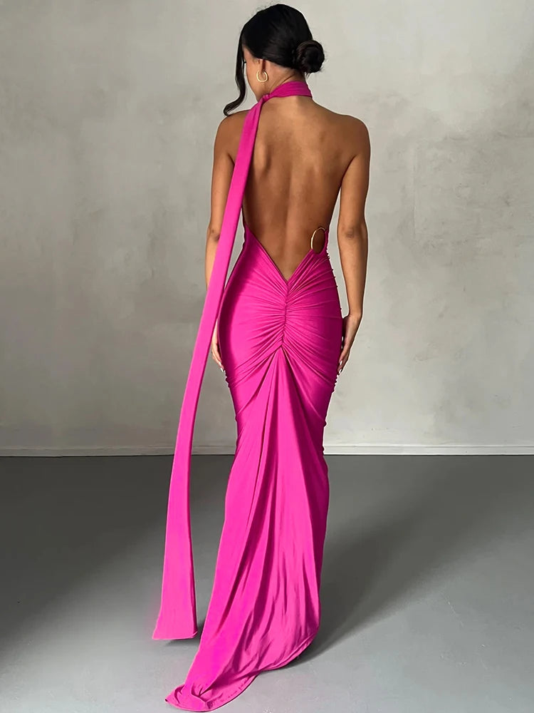 Hugcitar One Shoulder Backless Adjustable Scarf Loop Ruched Sexy Maxi Dress Women Elegant Y2K Streetwear Festival Outfit - Smarsty