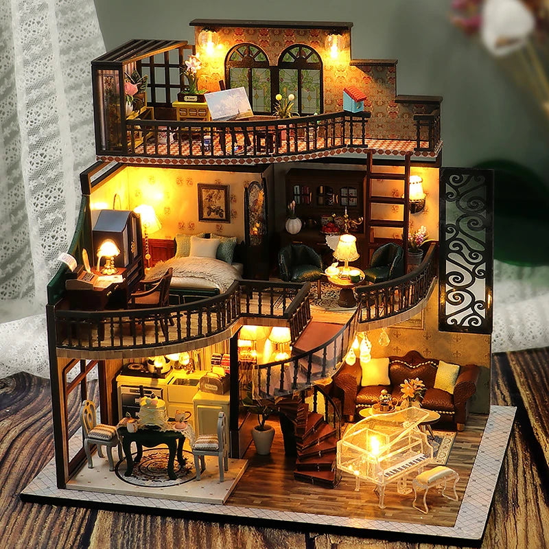 Wooden Doll House 3D Puzzle Assembly Building Model Kit Production Small Room Toys Home Bedroom Decoration With Furniture Light by Smarsty