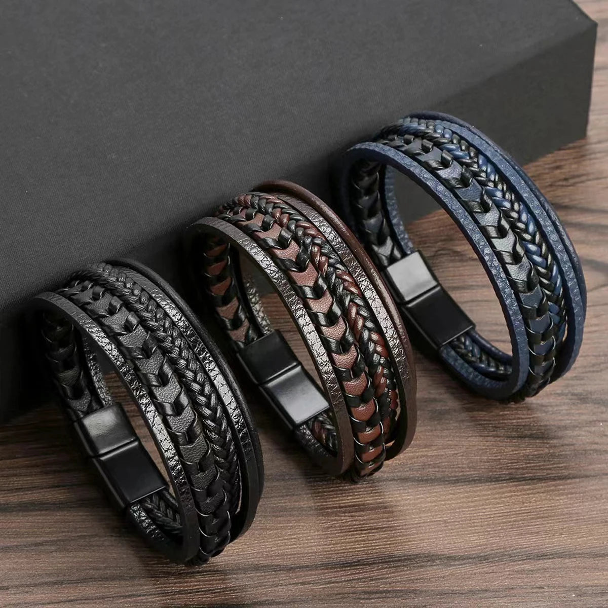 Mens Vintage Multi Layered Leather Bracelet Magnetic Buckle - Smarsty