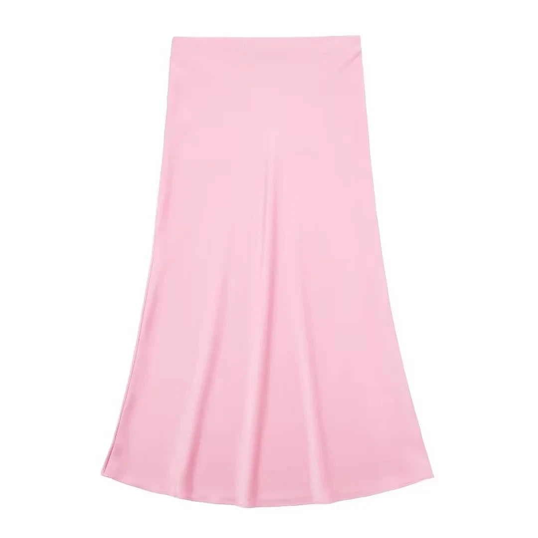 TRAFZA 2024 Y2K Casual Women Long Skirt Spring Elastic High Waisted A-Line Casual Female Satin Skirts High Street Lady Skirts - Smarsty