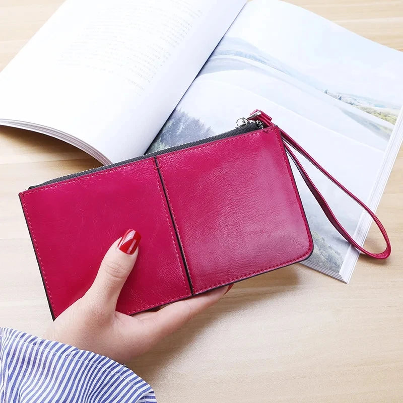 Women's Vintage Oil Wax PU Leather Clutch Wallet Female Large Capacity Phone Purse Ladies Wristband Simple Card Holder Pouch Bag