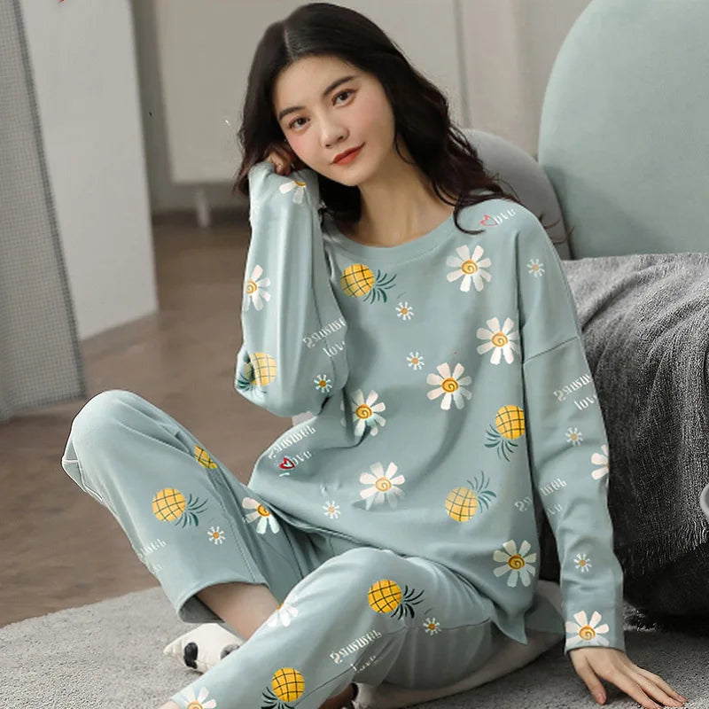 Spring and Autumn New Ladies Pajamas Homewear Set of Long-Sleeved Autumn and Winter Homewear Women Plus Size Pajamas Set - Smarsty