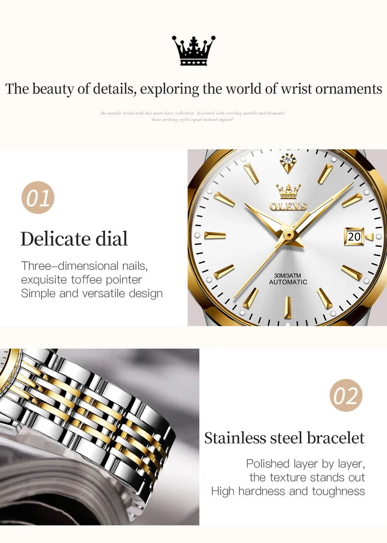 OLEVS Ladies Automatic Wristwatch Waterproof Stainless Steel - Smarsty