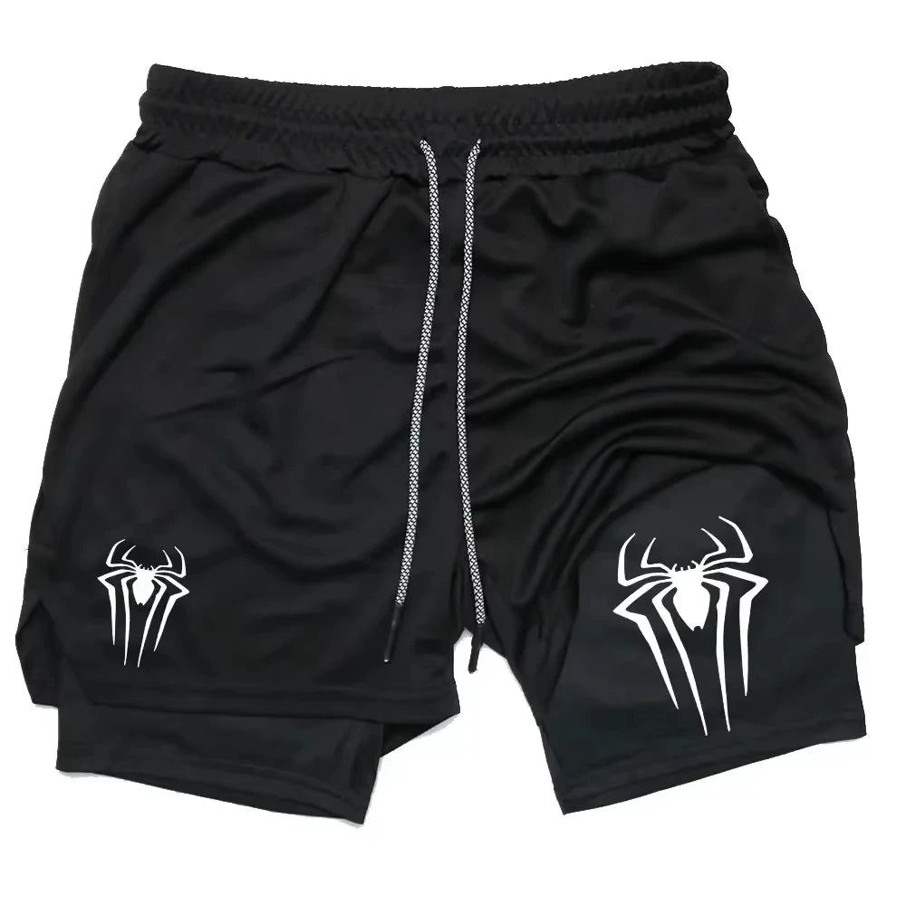 Y2K Performance Shorts Men Spider Printed GYM Casual Sports Compression Shorts Workout Running Mesh 2 In 1 Sport Short Pants - Smarsty
