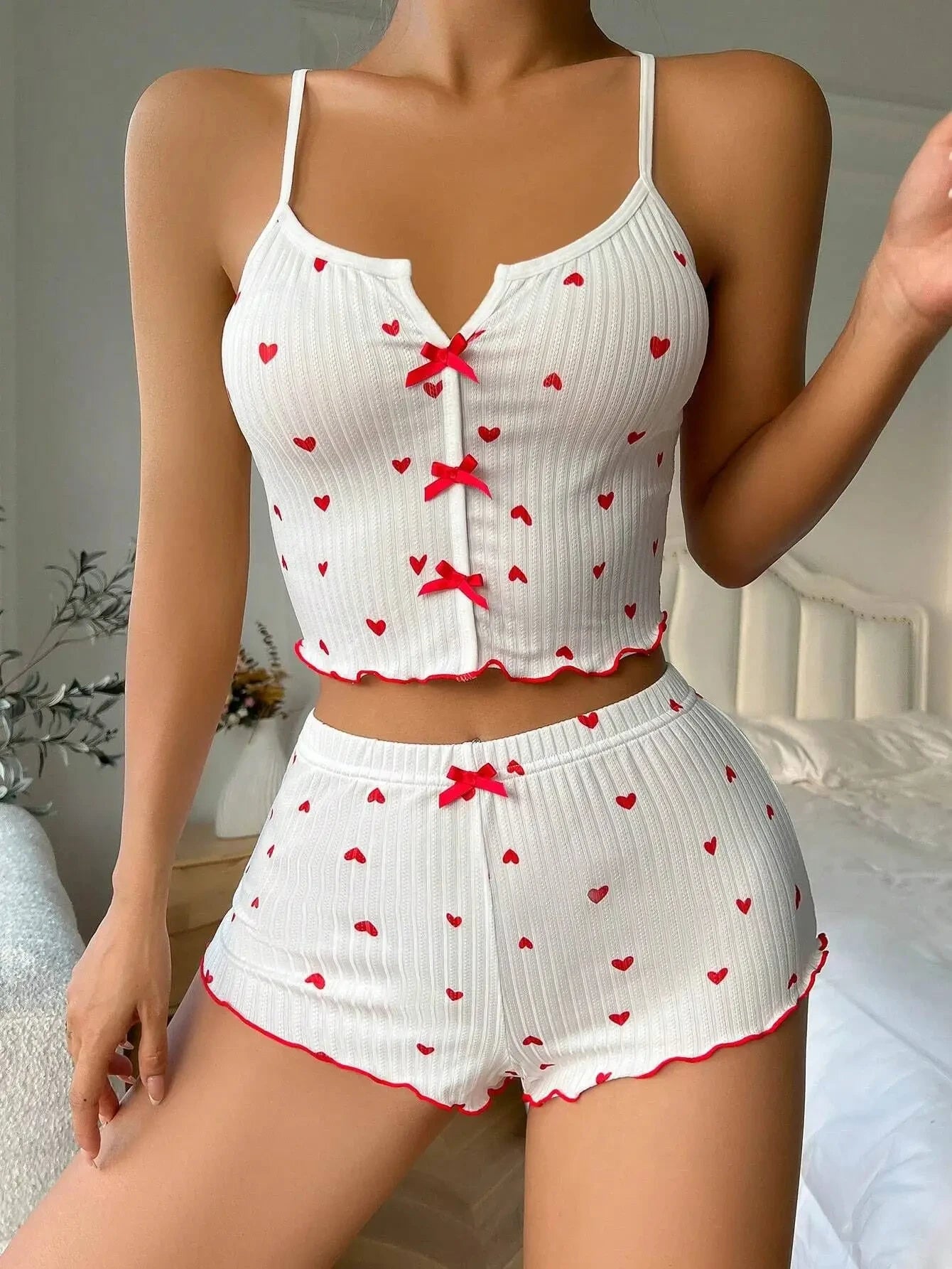 Sexy Sleepwear Women Pajamas Set Heart Print Silk Stain V-Neck Sleeveless Casual Cami Top and Shorts Sets Home Suit Loungewear - Smarsty