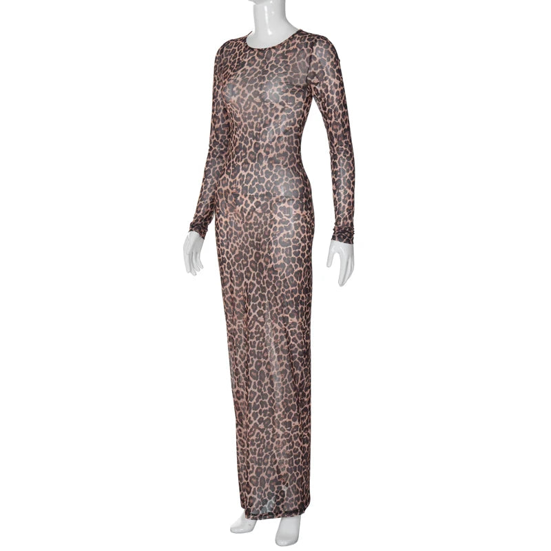 Hugcitar Leopard Print Mesh Long Sleeve Sexy Slim See Through Maxi Dress Fall Women Fashion Outfits Beach Vacation Club