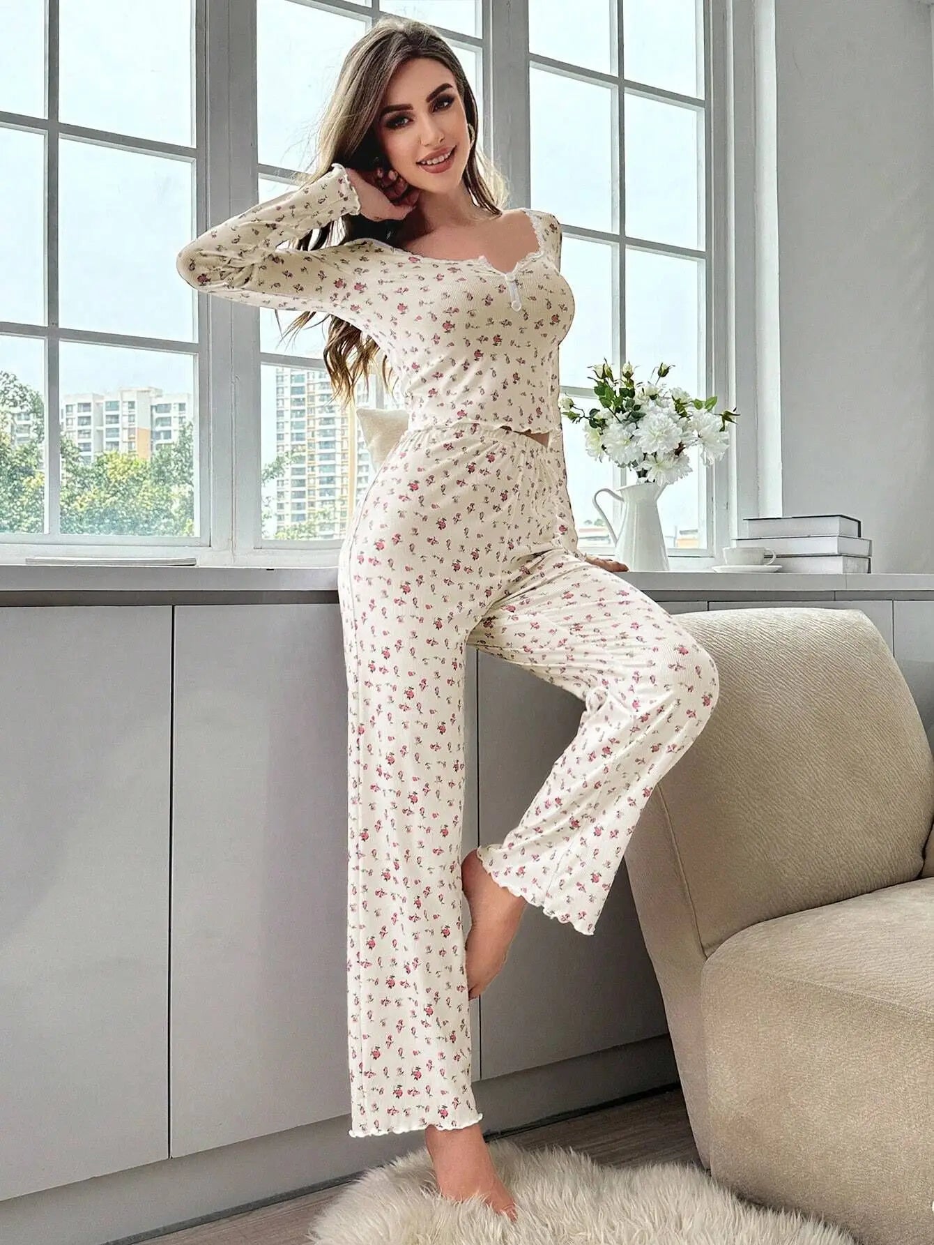 Sleepwear Women Floral Print Lettuce Trim Top with Long Pant Lovely Loungewear Full Sleeve Nightwear Spring Autumn Pajamas Set - Smarsty