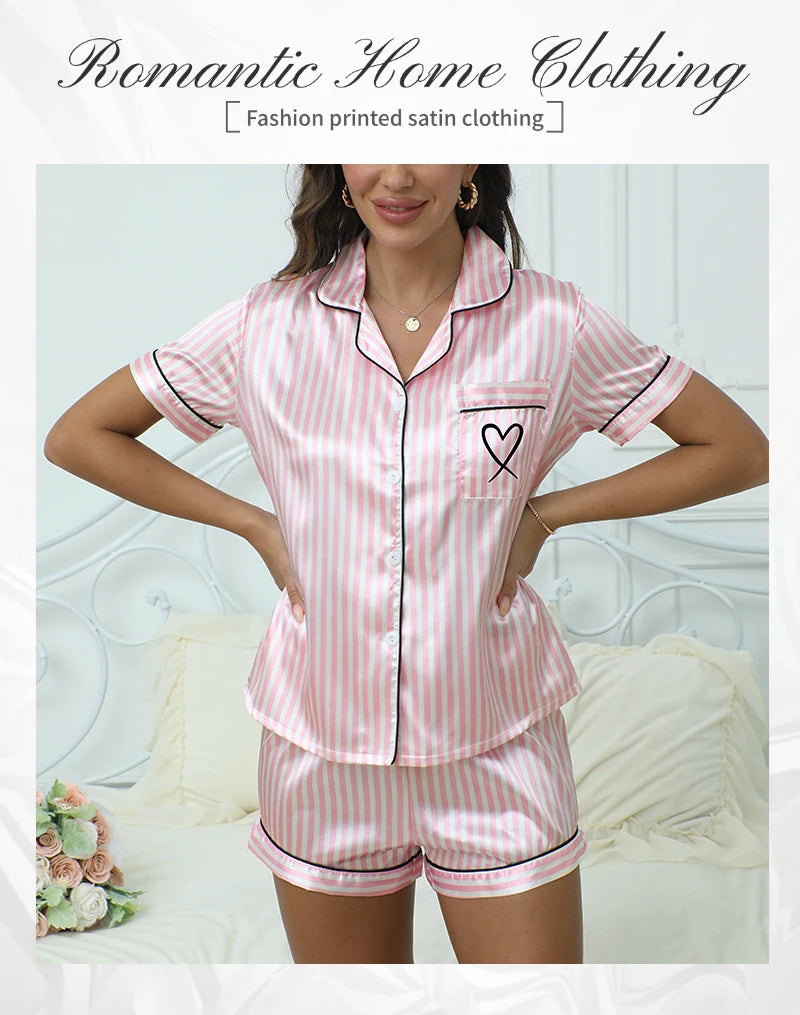 Womens Pajama Set Victoria Style Summer Satin Striped Embroidered Short Sleeve Top Short Pants Two piece Casual Home Clothes Set - Smarsty
