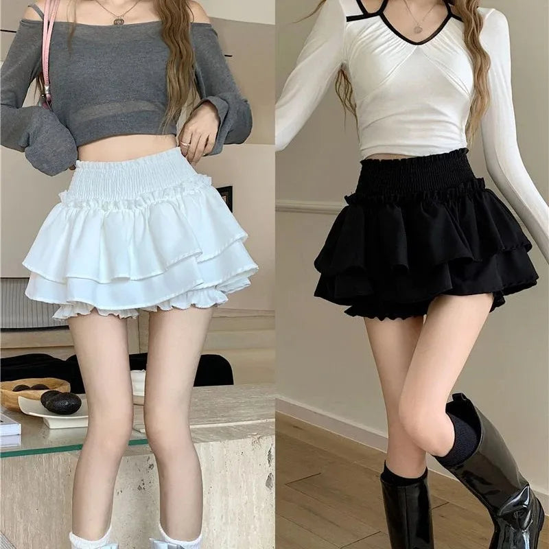 Mini Skirt Cute Sexy Balletcore Elastic High Waist Ball Gown Ruffle Patchwork Lolita Skirt Short Korean Sweet Y2K Women Clothing - Smarsty