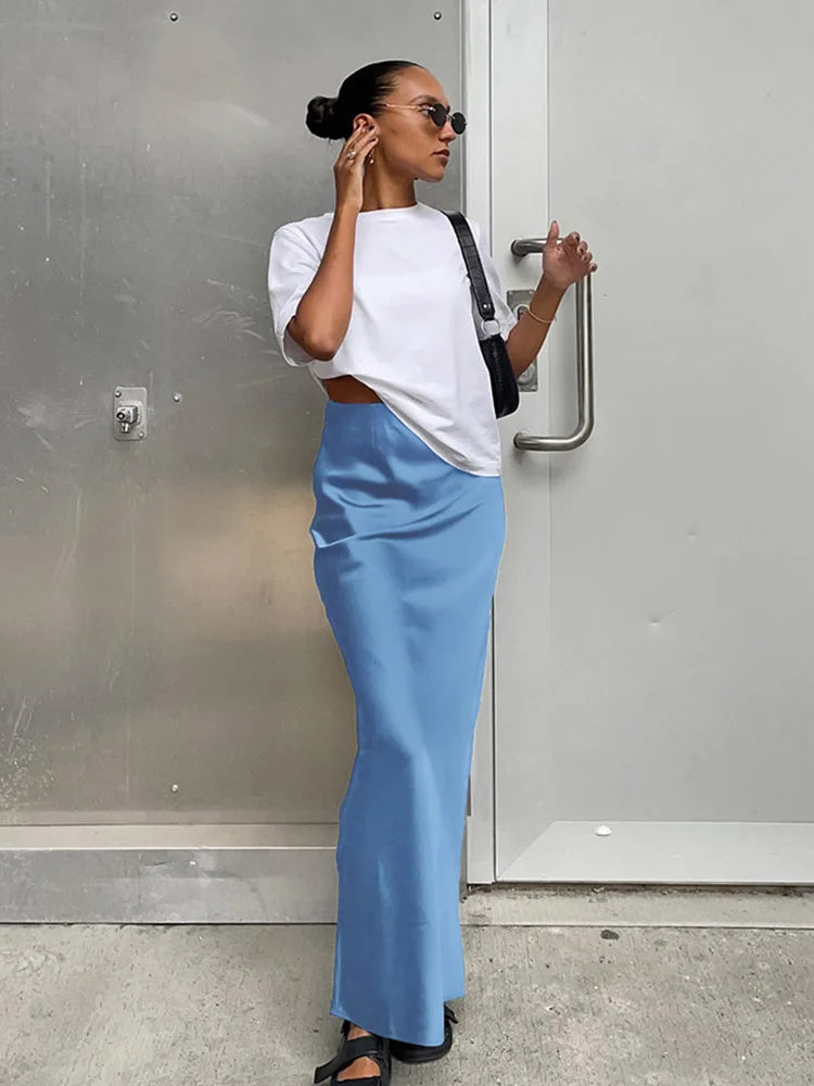 Elegant Satin Black Trumpet Skirts Fashion Slim High Waist Skirts Women Female Solid Office Long Skirt Spring Summer - Smarsty