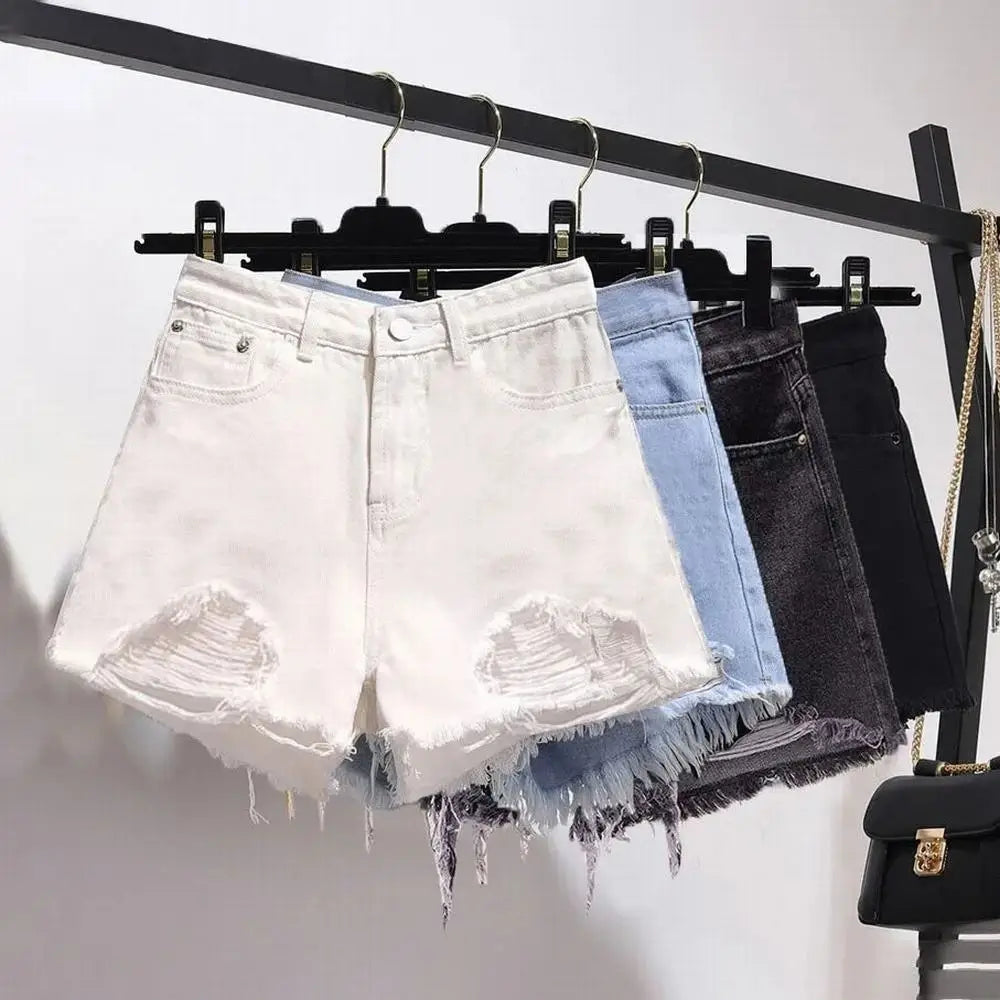 Summer Women's Cowboy Shorts Korean High Waist Casual Denim Shorts Pocket Tassel Perforated Ripped Holes Y2K Girls White Jeans - Smarsty