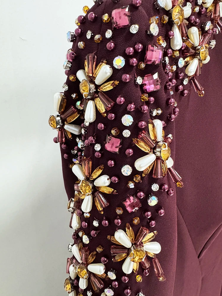 HIGH STREET Newest Fashion 2025 Designer Party Vestido Women's Diamonds Beaded Split Long Maxi Dress - Smarsty