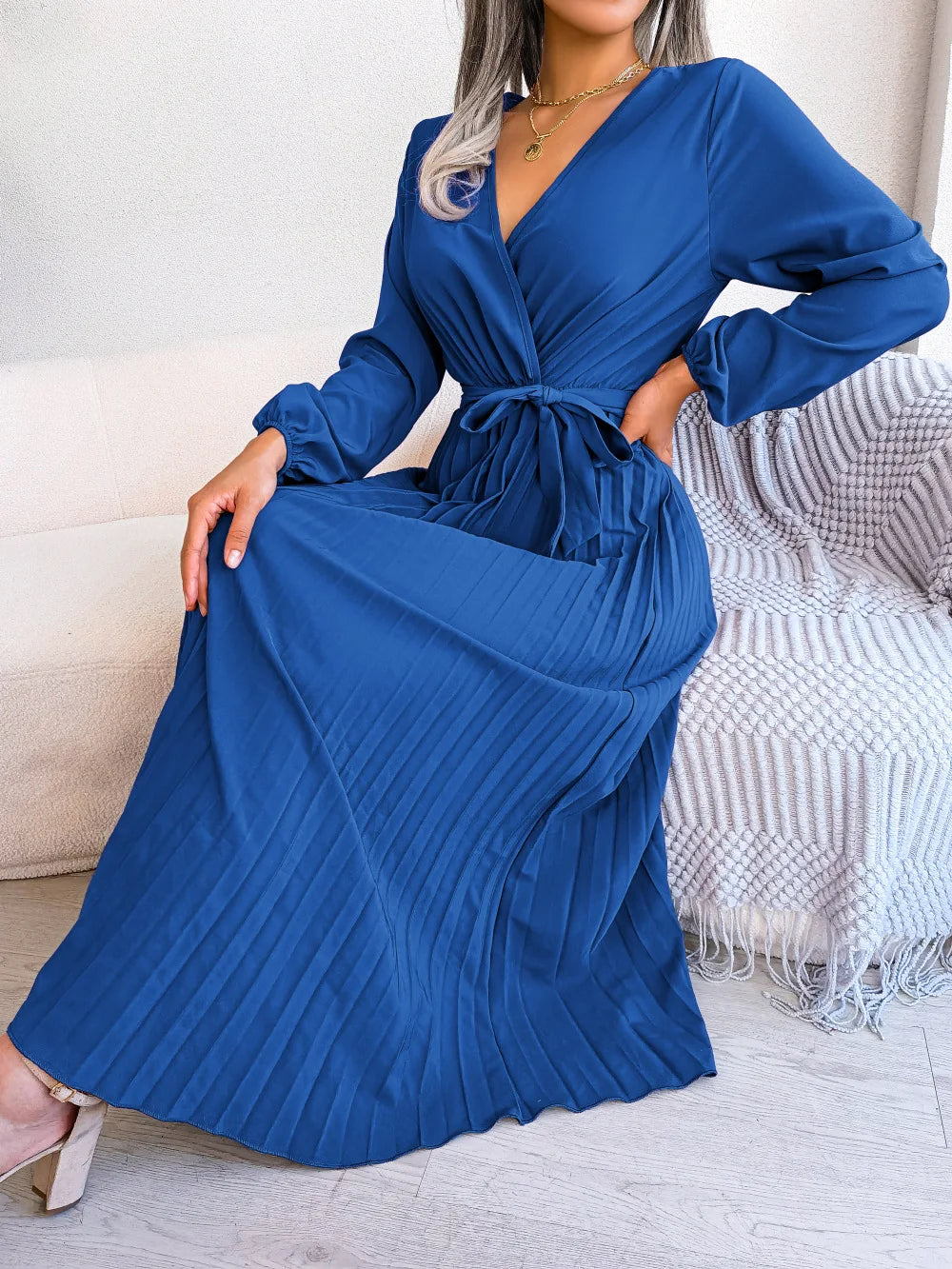 Women Elegant V Neck Long Sleeve Pleated Maxi Dress - Smarsty