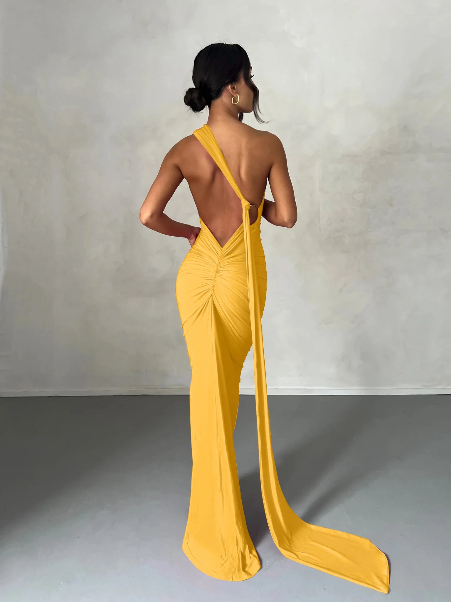Hugcitar One Shoulder Backless Adjustable Scarf Loop Ruched Sexy Maxi Dress Women Elegant Y2K Streetwear Festival Outfit - Smarsty