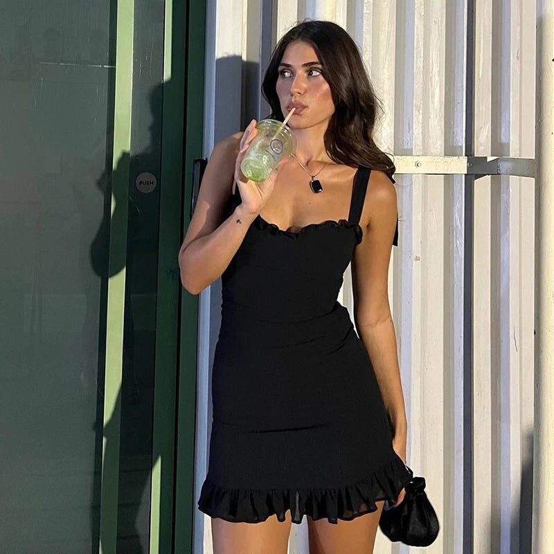 Hugcitar Elegant Solid Slips Ruffles Backless Bandage Patchwork Sexy Slim Mini Dress Summer Women Outfits Party Beach Festival - Smarsty