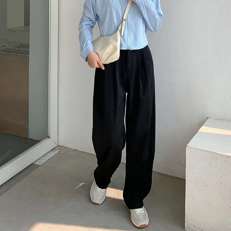 High Waist Women Suit Pants Fall Straight Office Ladies Korean Fashion Trousers Casual Button Loose Female Black Pants New 2024 - Smarsty