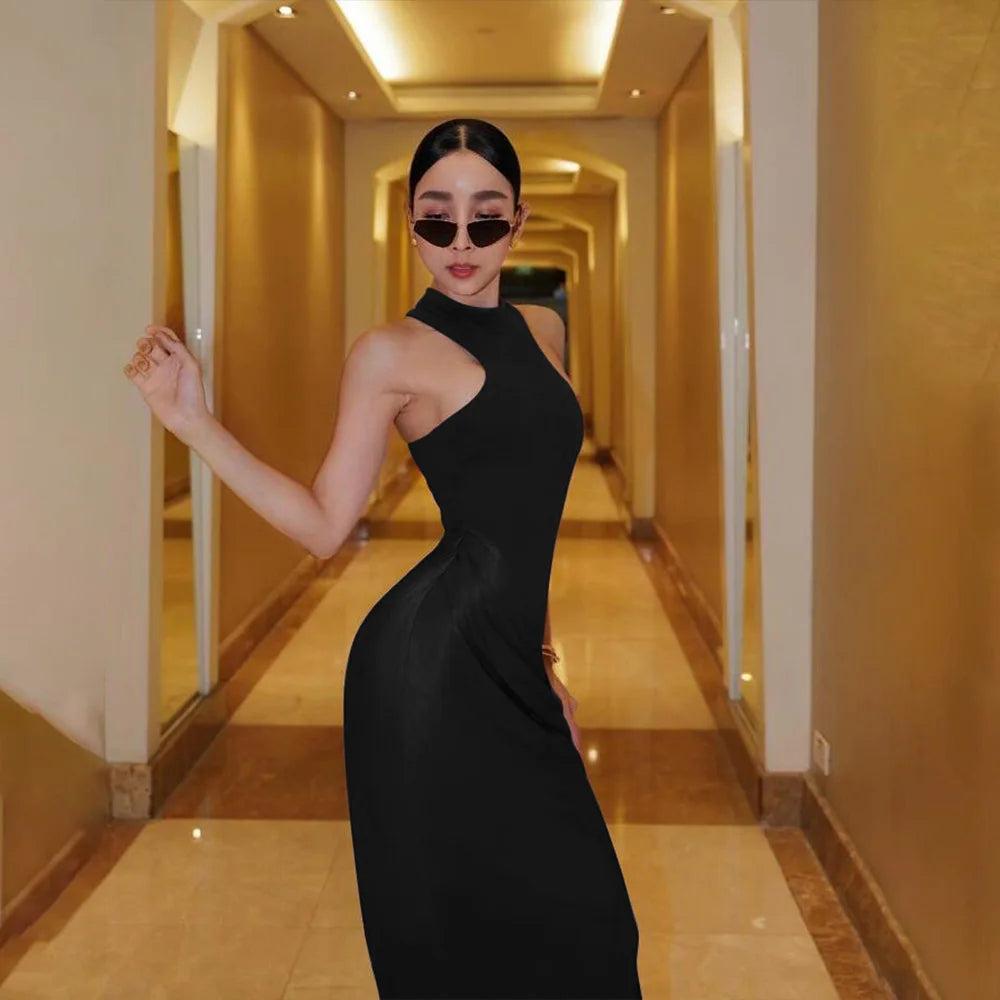 JULISSA MO Satin Sexy Hollow Out Women Maxi Dress Black Sleeveless High Waist Dress Female Autumn Skinny Elegant Party Clubwear - Smarsty