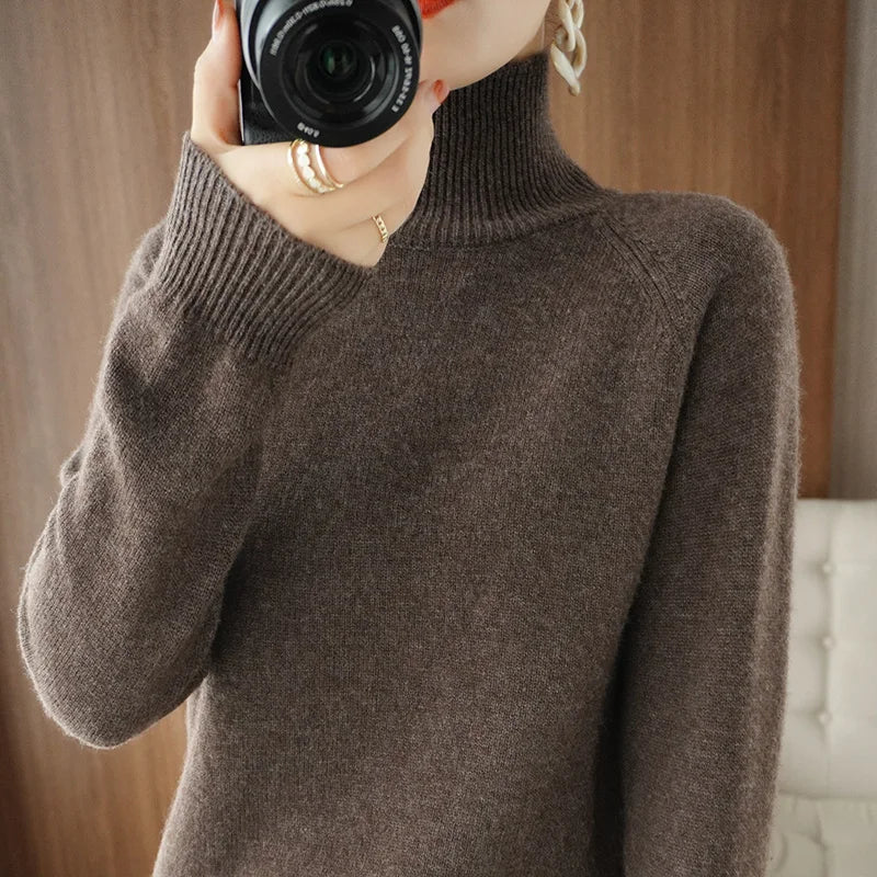 Fashion Basic Autumn Winter Merino Wool Sweater Mock Neck Cashmere Pullover Solid Color Soft Long Sleeve Clothing Tops - Smarsty
