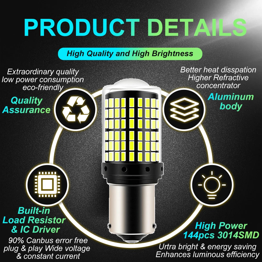 2pcs 1156 BA15S P21W BAU15S PY21W T20 7440 W21W 3157 1157 P21/5W W21/5W LED Bulbs 144smd Led 95% CanBus Lamp Turn Signal Light - Smarsty
