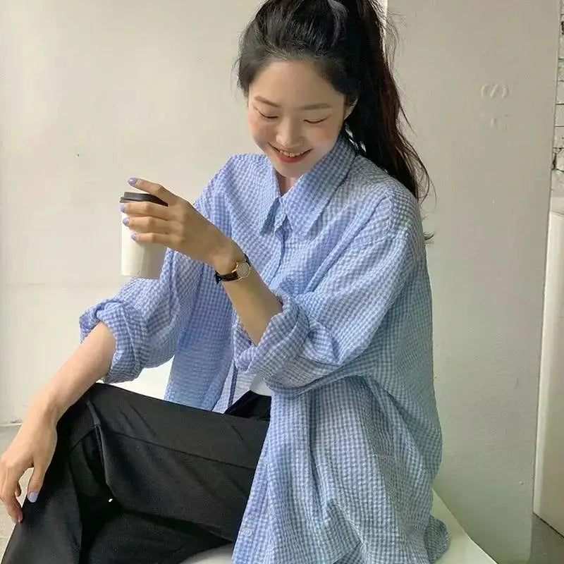 Korean Women's Shirt Sunscreen Long Sleeves Shirt Summer Women's Loose Casual Single Breasted Turndown Collar Plaid - Smarsty