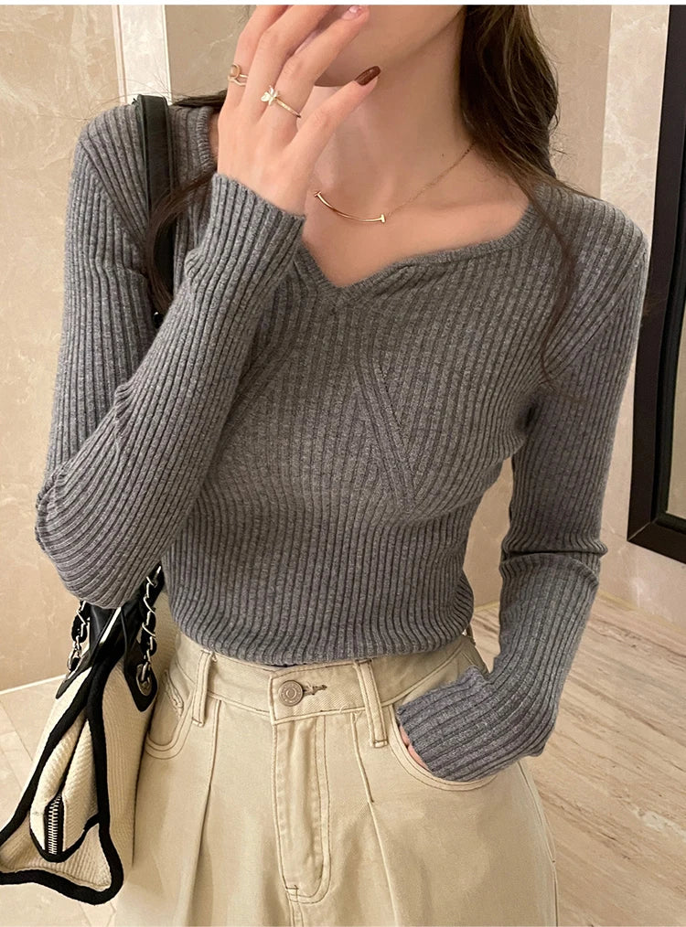 2025 Basic V-neck Chic Autumn Winter Pullover Women Female Knitted Ribbed Sweater Slim Long Sleeve Badycon High Quality Sweater - Smarsty