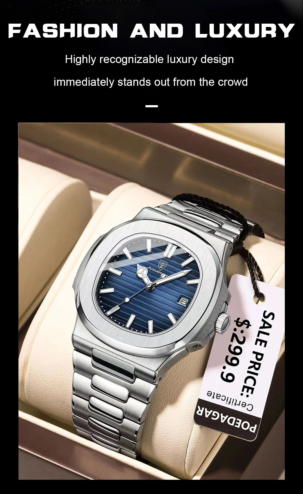 Luxury Waterproof Square Men Wristwatch with Luminous Date - Smarsty