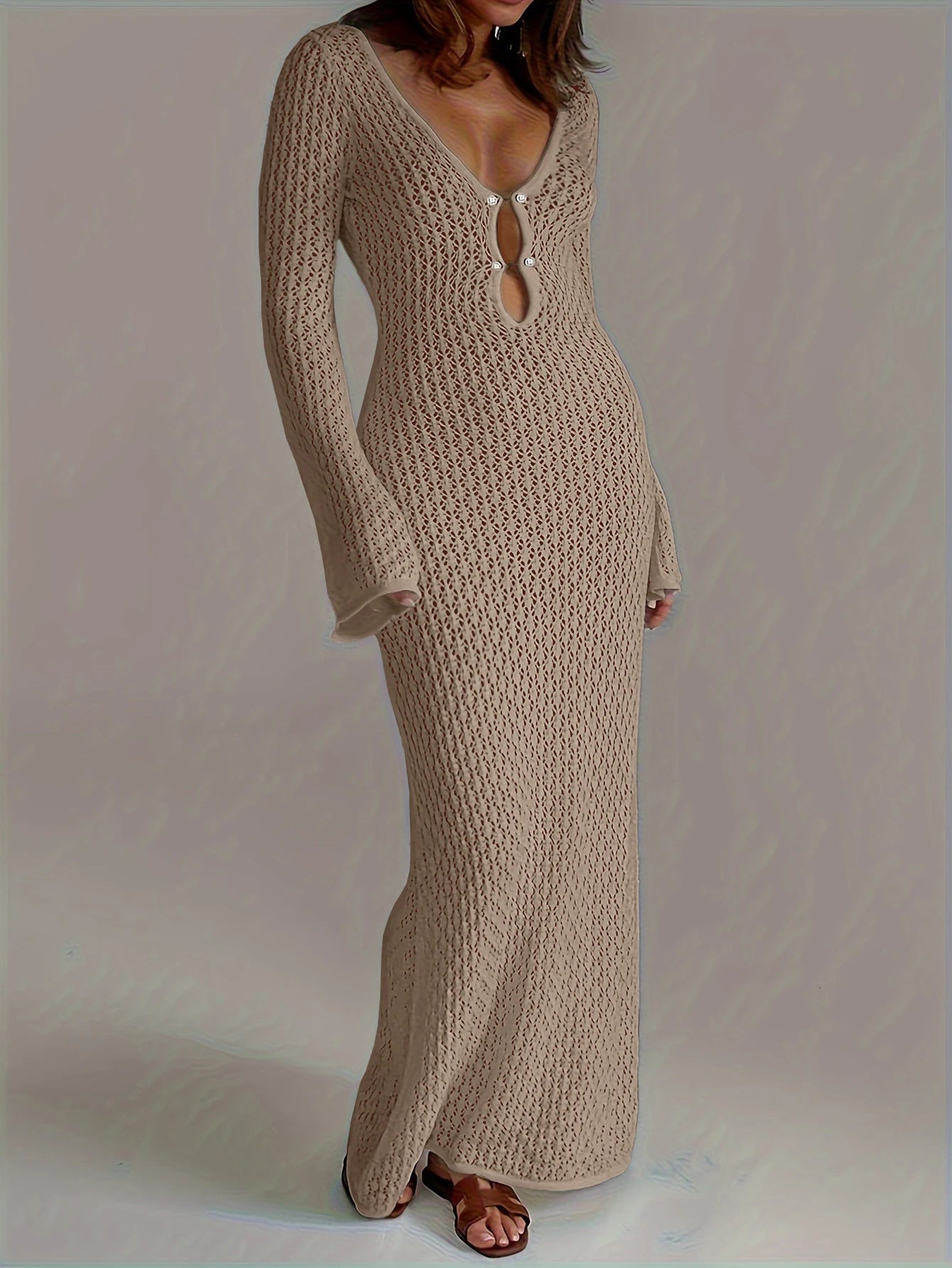 Sexy Women White Long Knit Sleeve Bikin Fashion Cover up Female See-Through Deep V-Neck Hollow-Out Beach Knitwear Backless Dress