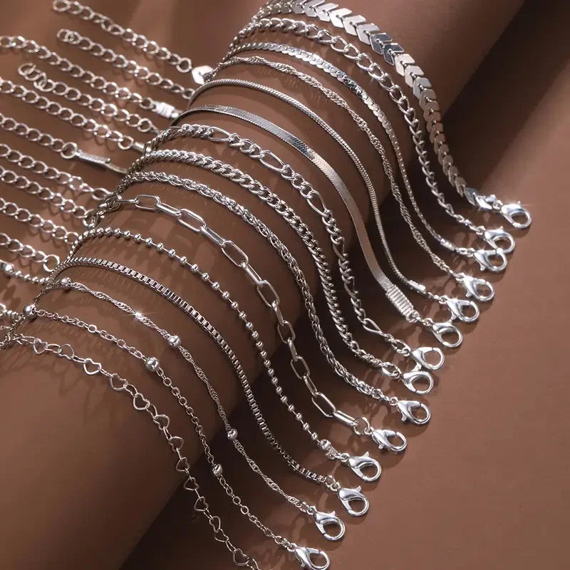 15 Piece Silver Chain Bead Bracelets for Women - Smarsty