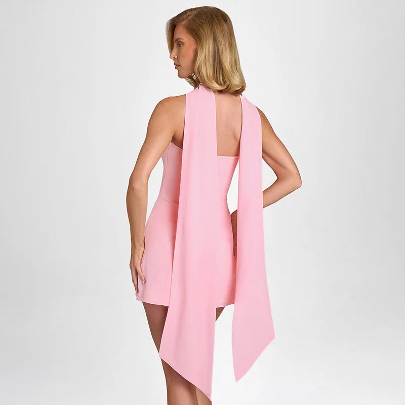 European and American Cross border 2024 Summer New Solid Color Skirt Hanging Neck Strap High Waist Slimming Short Dress
