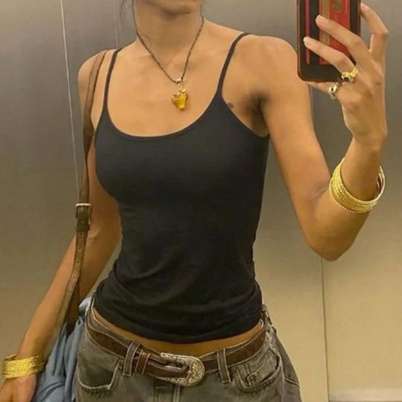 Basic Solid Camis Summer Casual Sleeveless Spaghetti Strap Top Women Harajuku All-match Cropped Tops y2k Vintage Clothing - Smarsty