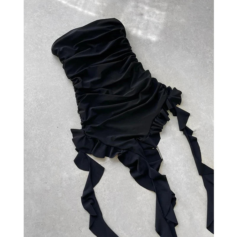 Women Strapless Sexy Floral Fold Hemline High Slit Mini Dress 2024 Solid Backless Sleeveless Black And Pink Party Dress Vestidos - Smarsty