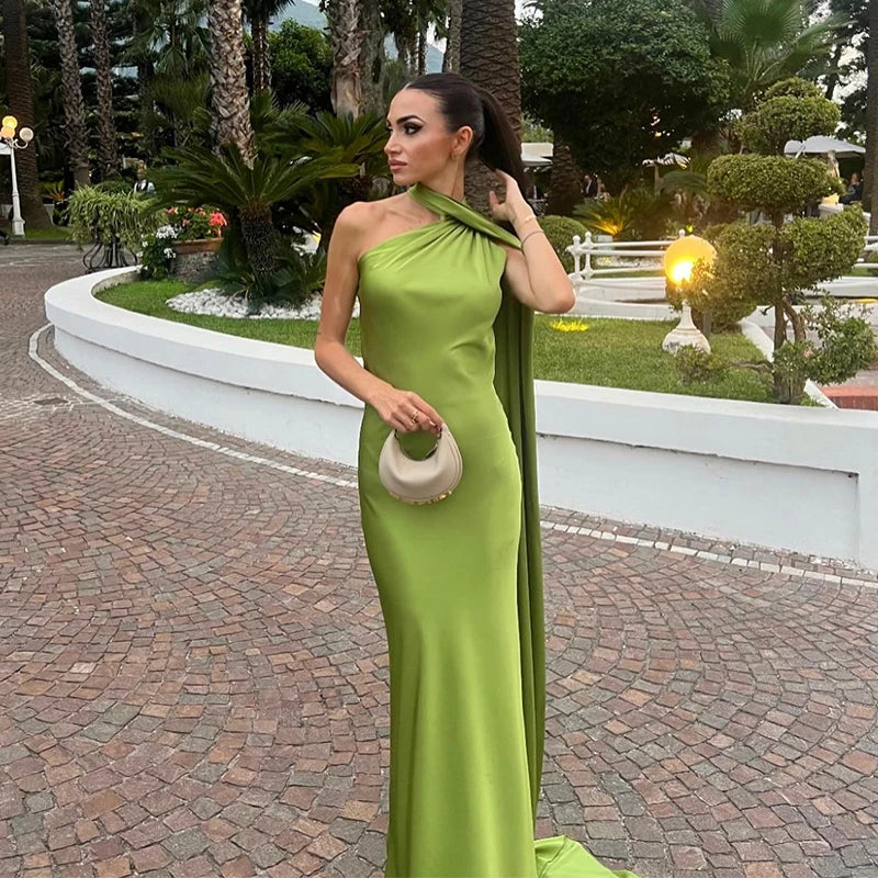 Elegant Solid Ribbon Women Halter Dress Off Shoulder Sleeveless Backless Slim Female Maxi Dresses 2025 Summer New Chic Lady Robe - Smarsty