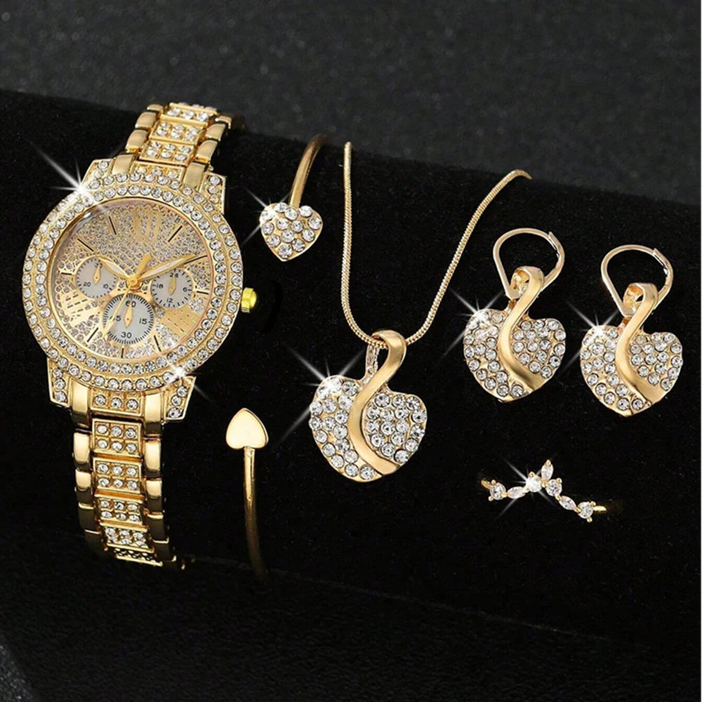 Luxury Women's Quartz Watch Jewelry Set with Rhinestones - Smarsty