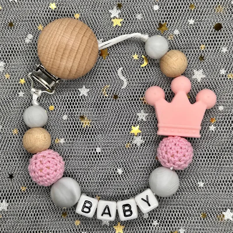 NEW Custom Personalized Name Pacifier Clip Handmade Beech Wooden Chain Silicone Crown Holder Soother Baby Teething Toy Chew Gift by Smarsty