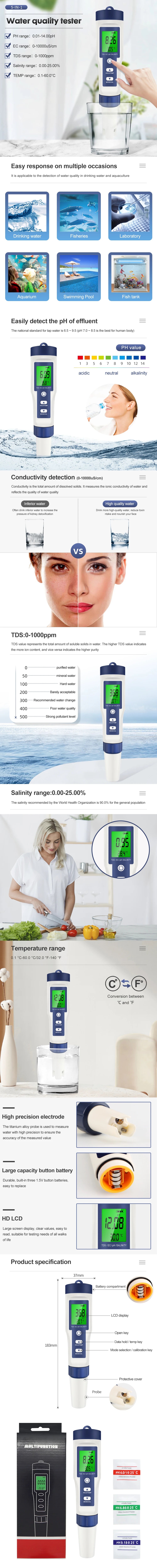 Professional 5 In 1 Water Quality Tester for Accurate Measurement - Smarsty